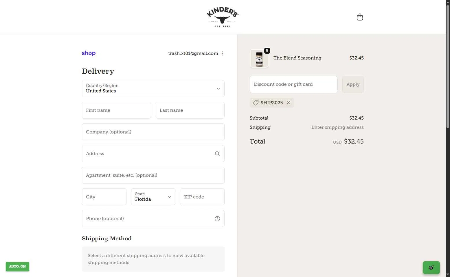 Kinder's checkout page showing Kinder's coupon code box | Screenshot taken by SimplyCodes community member on Oct 23, 2025