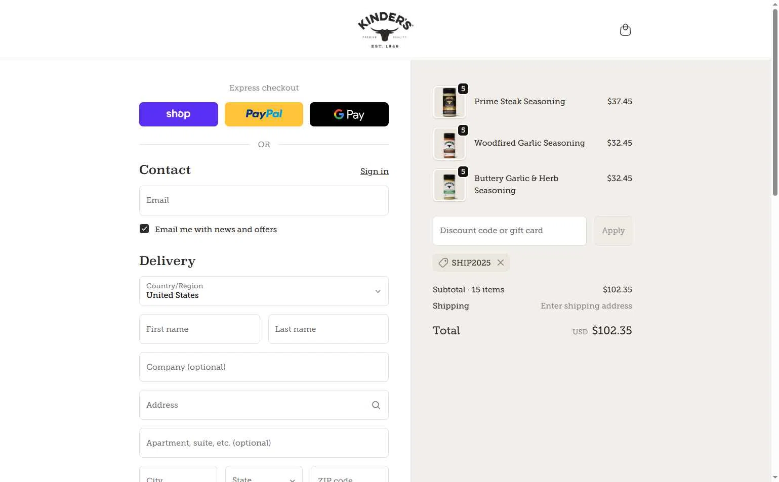 Kinder's checkout page showing Kinder's coupon code box | Screenshot taken by SimplyCodes community member on Oct 1, 2025