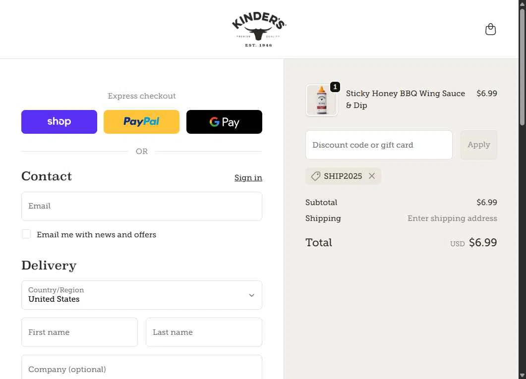 Kinder's checkout page showing Kinder's coupon code box | Screenshot taken by SimplyCodes community member on Jan 27, 2026