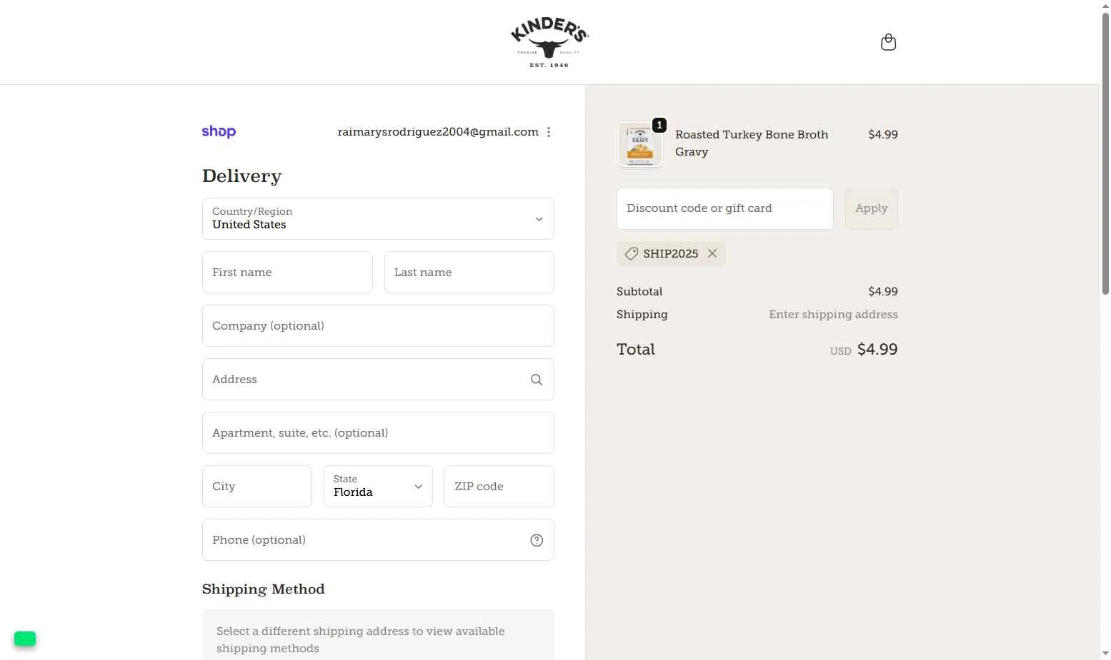 Kinder's checkout page showing Kinder's coupon code box | Screenshot taken by SimplyCodes community member on Nov 21, 2025