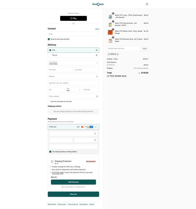 Kind Oasis checkout page showing Kind Oasis discount code box | Screenshot taken by SimplyCodes community member on Sep 2, 2025