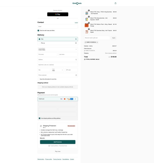 Kind Oasis checkout page showing Kind Oasis discount code box | Screenshot taken by SimplyCodes community member on Sep 2, 2025