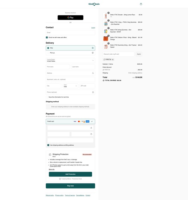 Kind Oasis checkout page showing Kind Oasis discount code box | Screenshot taken by SimplyCodes community member on Sep 7, 2025