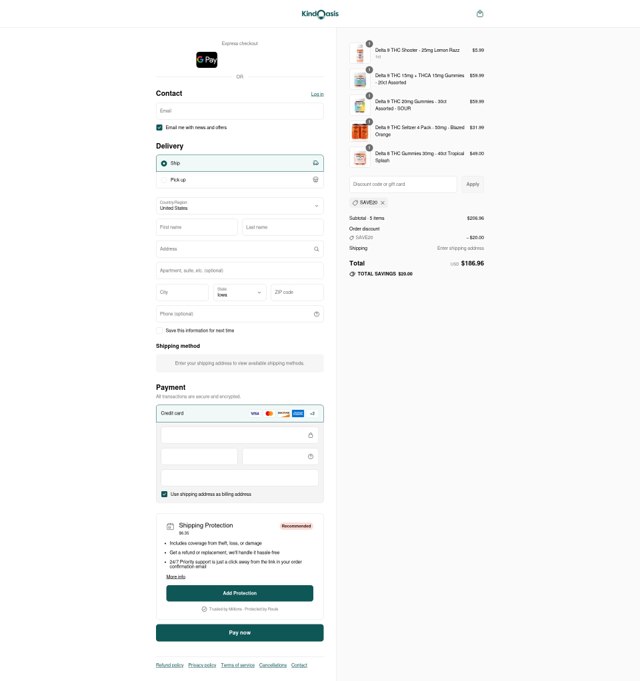 Kind Oasis checkout page showing Kind Oasis discount code box | Screenshot taken by SimplyCodes community member on Sep 7, 2025
