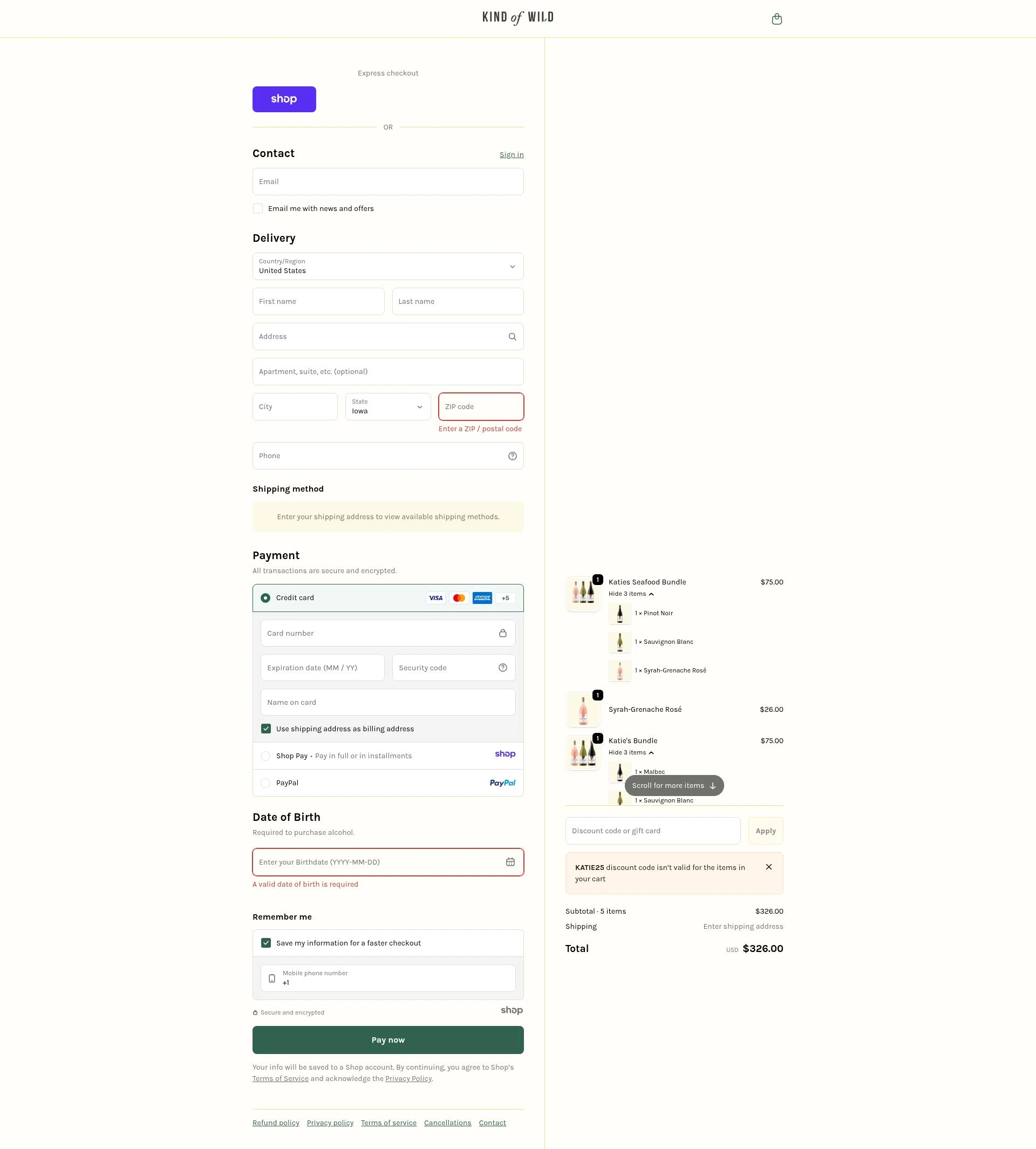 Kind of Wild checkout page showing Kind of Wild promo code box | Screenshot taken by SimplyCodes community member on Dec 31, 2025