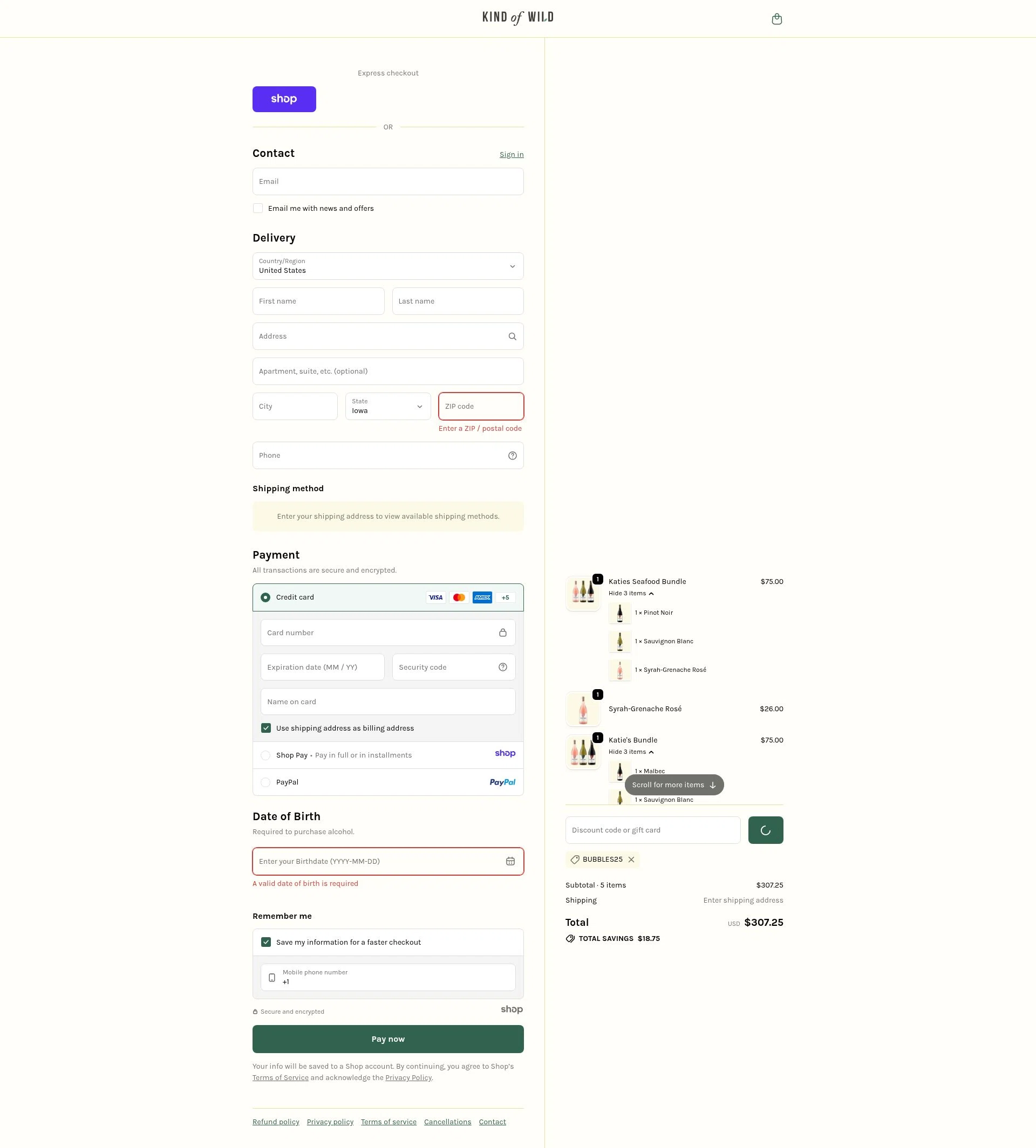 Kind of Wild checkout page showing Kind of Wild promo code box | Screenshot taken by SimplyCodes community member on Dec 31, 2025