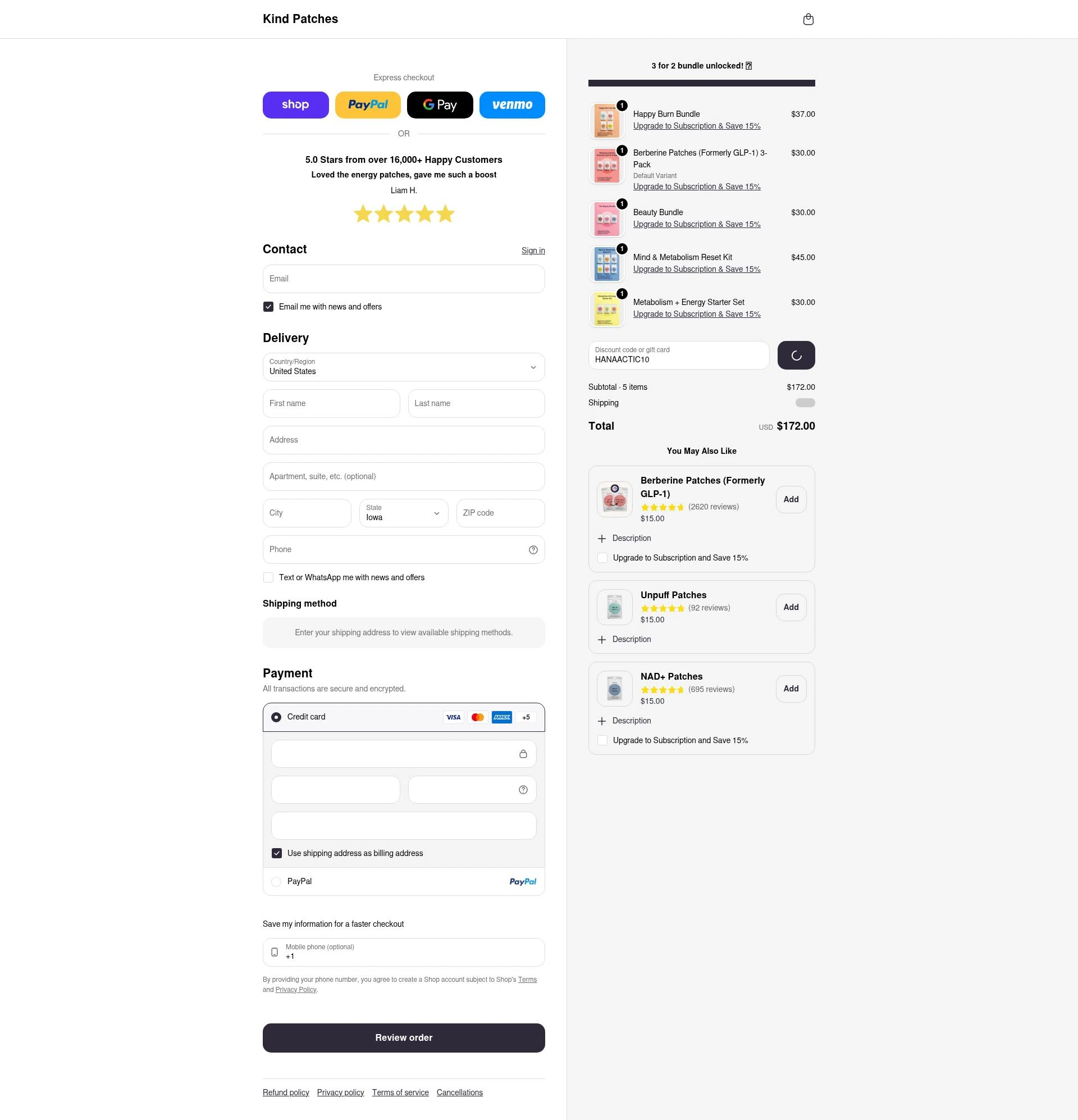 Kind Patches checkout page showing Kind Patches discount code box | Screenshot taken by SimplyCodes community member on Feb 13, 2026