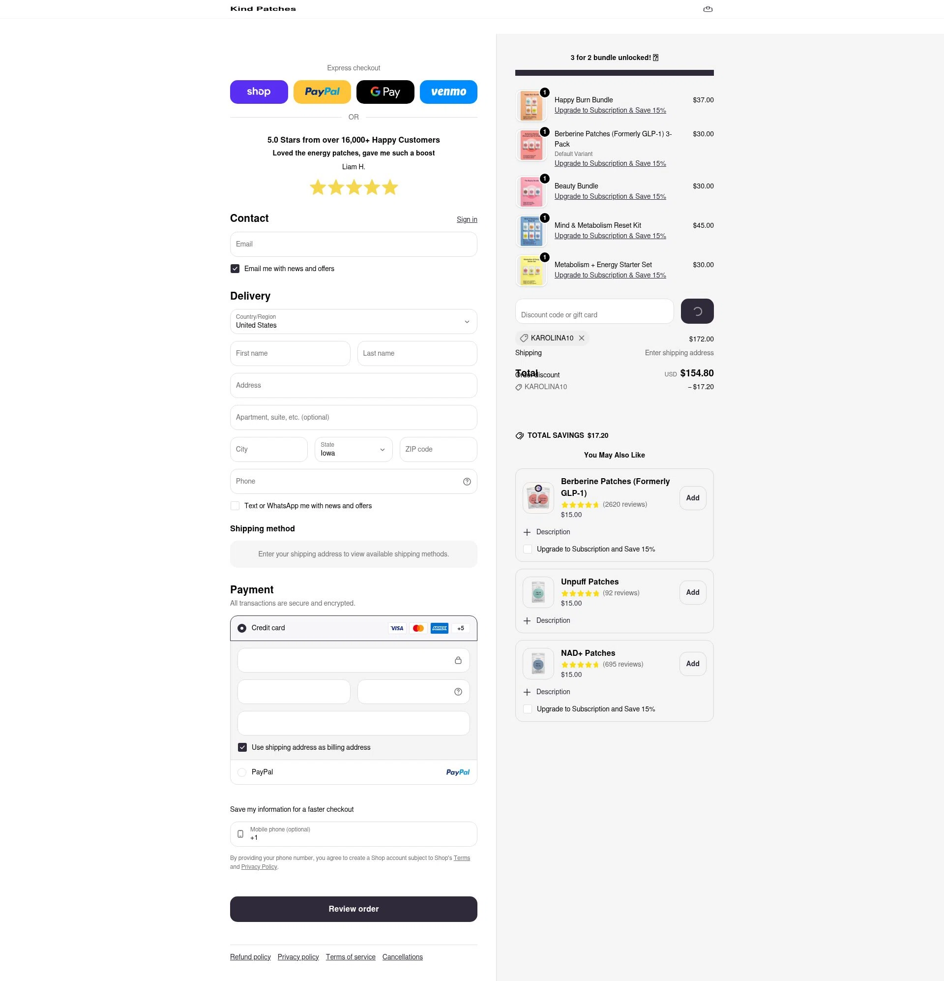 Kind Patches checkout page showing Kind Patches discount code box | Screenshot taken by SimplyCodes community member on Feb 13, 2026