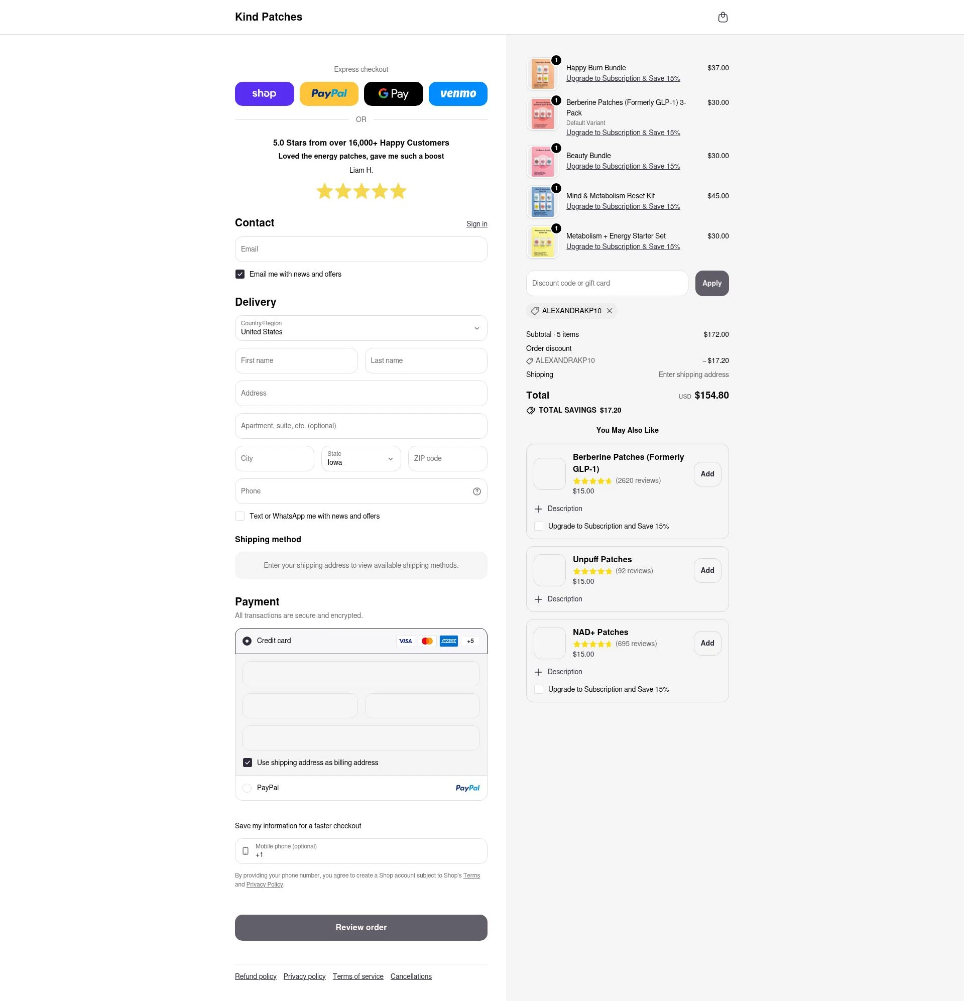Kind Patches checkout page showing Kind Patches discount code box | Screenshot taken by SimplyCodes community member on Feb 13, 2026