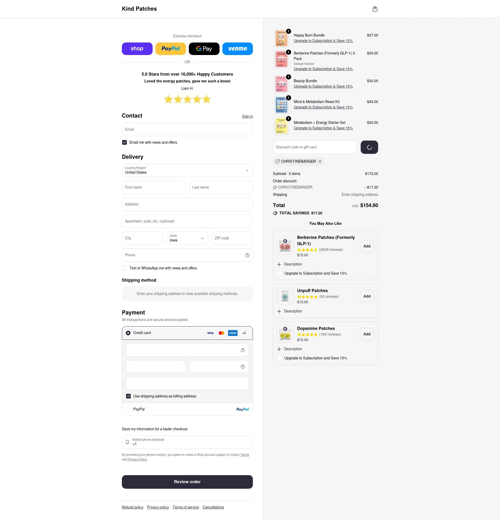 Kind Patches checkout page showing Kind Patches discount code box | Screenshot taken by SimplyCodes community member on Feb 14, 2026