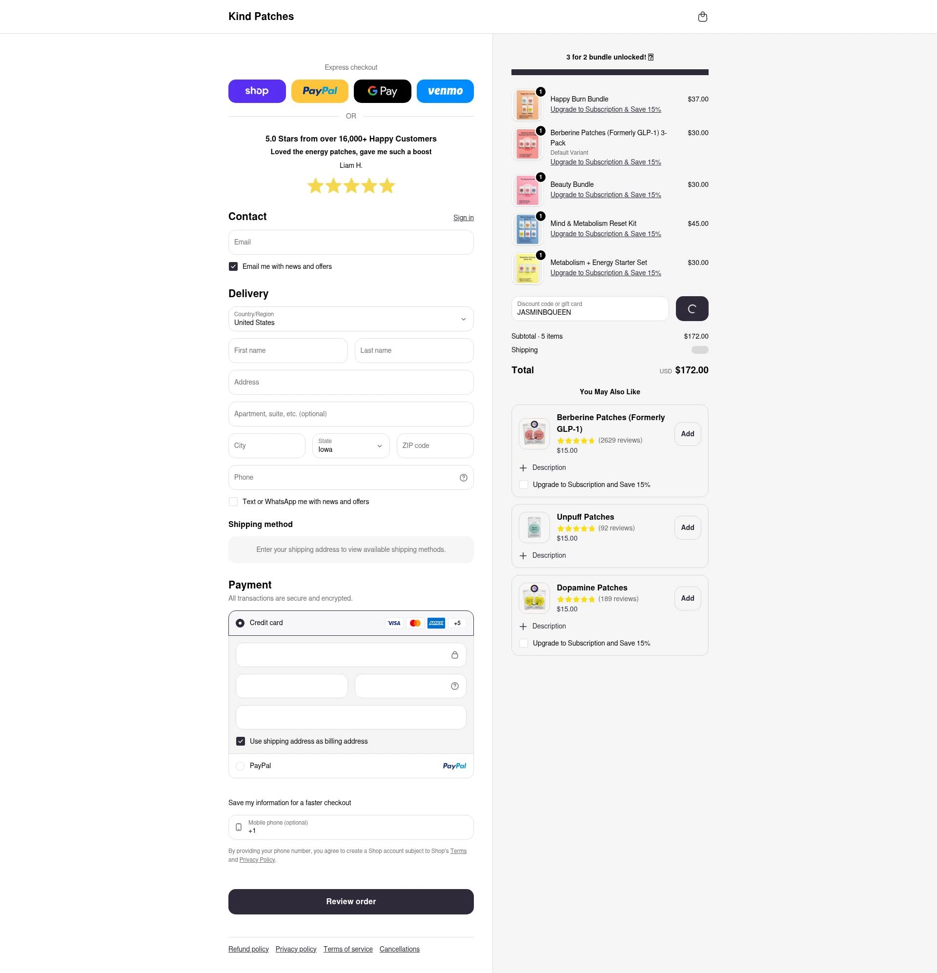 Kind Patches checkout page showing Kind Patches discount code box | Screenshot taken by SimplyCodes community member on Feb 14, 2026