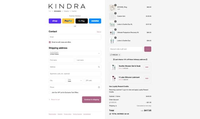 Kindra checkout page showing Kindra discount code box | Screenshot taken by SimplyCodes community member on Sep 13, 2025