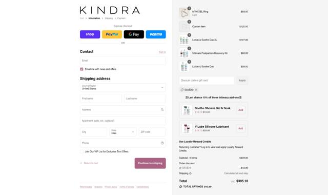 Kindra checkout page showing Kindra discount code box | Screenshot taken by SimplyCodes community member on Sep 13, 2025