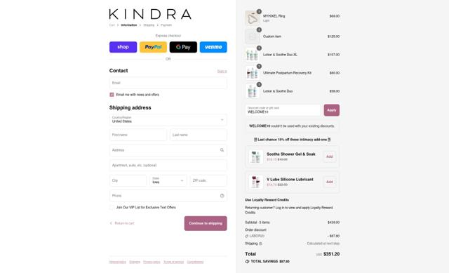 Kindra checkout page showing Kindra discount code box | Screenshot taken by SimplyCodes community member on Sep 9, 2025