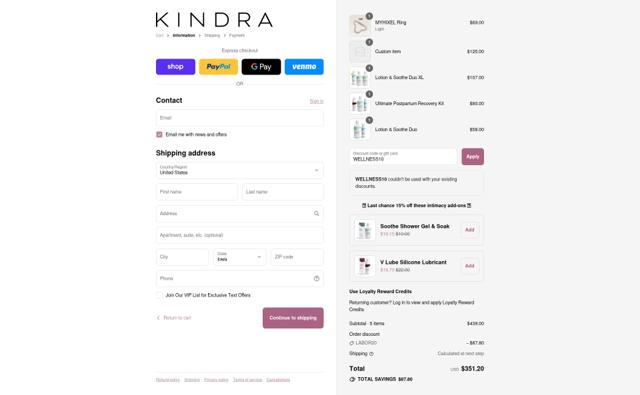 Kindra checkout page showing Kindra discount code box | Screenshot taken by SimplyCodes community member on Sep 9, 2025
