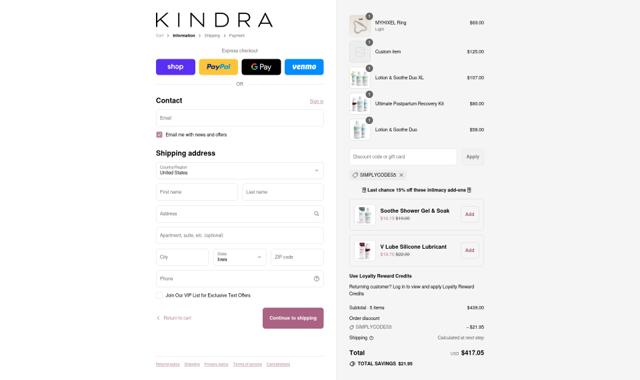 Kindra checkout page showing Kindra discount code box | Screenshot taken by SimplyCodes community member on Sep 13, 2025