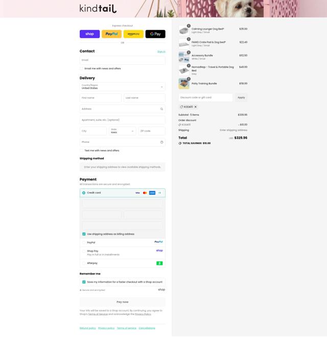 Kind Tail checkout page showing Kind Tail promo code box | Screenshot taken by SimplyCodes community member on Sep 16, 2025
