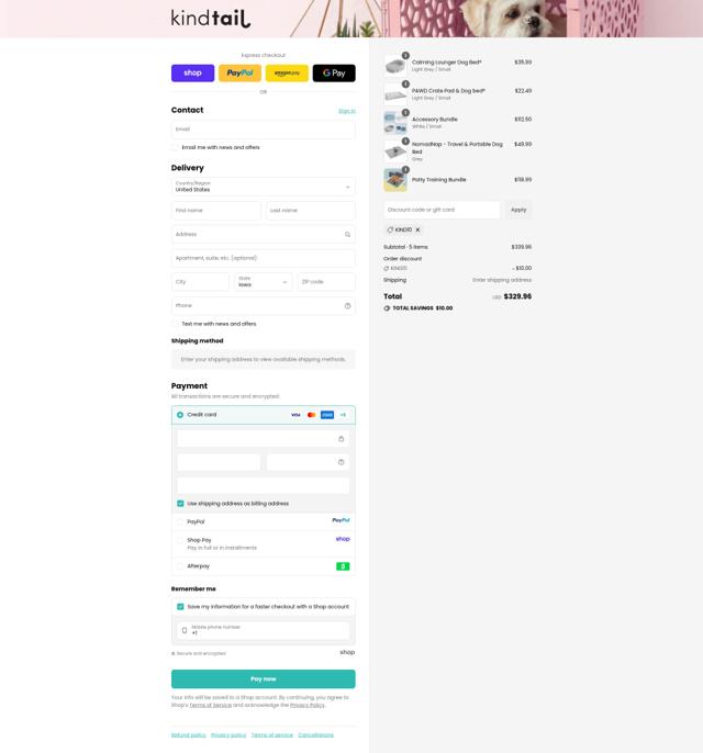 Kind Tail checkout page showing Kind Tail promo code box | Screenshot taken by SimplyCodes community member on Sep 16, 2025