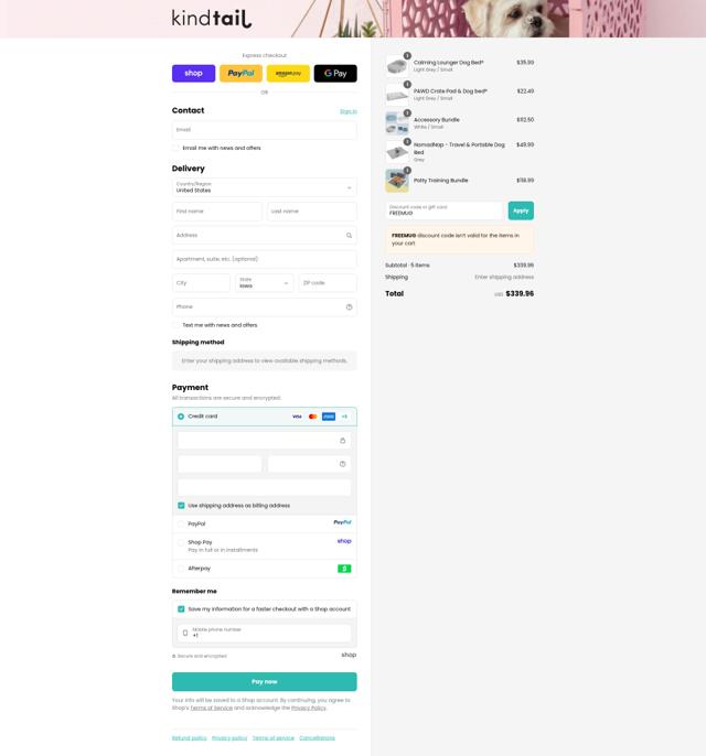 Kind Tail checkout page showing Kind Tail promo code box | Screenshot taken by SimplyCodes community member on Sep 16, 2025