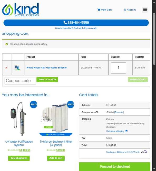 Kind Water System checkout page showing Kind Water System coupon code box | Screenshot taken by SimplyCodes community member on Jul 30, 2025