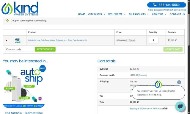 Kind Water System checkout page showing Kind Water System coupon code box | Screenshot taken by SimplyCodes community member on Jul 5, 2025