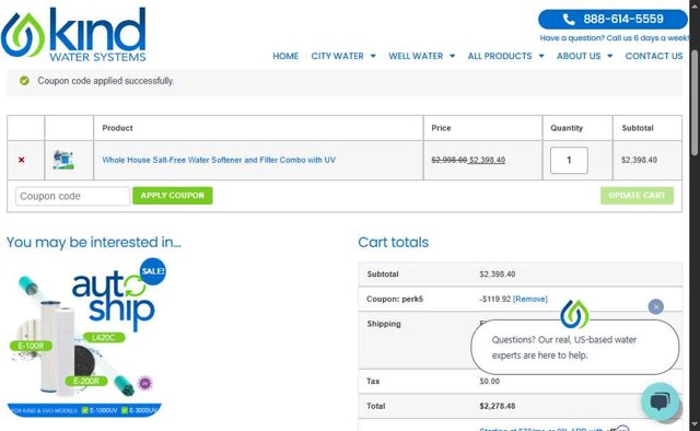Kind Water System checkout page showing Kind Water System coupon code box | Screenshot taken by SimplyCodes community member on Jul 5, 2025