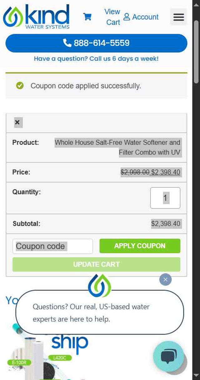 Kind Water System checkout page showing Kind Water System coupon code box | Screenshot taken by SimplyCodes community member on Jul 5, 2025