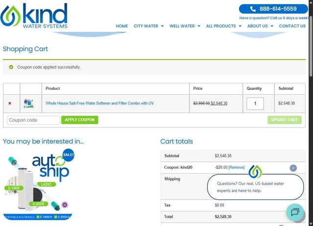 Kind Water System checkout page showing Kind Water System coupon code box | Screenshot taken by SimplyCodes community member on Aug 24, 2025