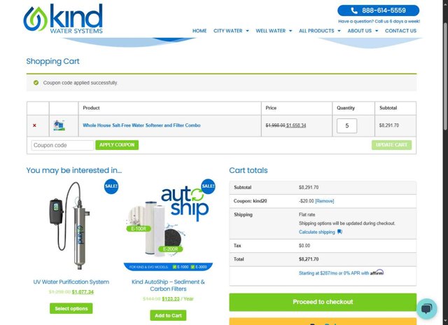 Kind Water System checkout page showing Kind Water System coupon code box | Screenshot taken by SimplyCodes community member on Jul 26, 2025