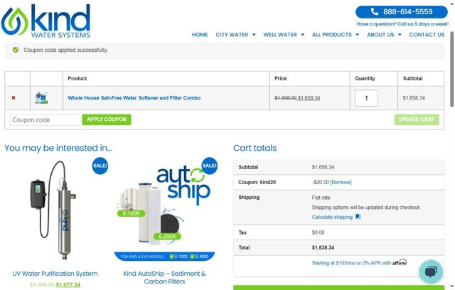 Kind Water System checkout page showing Kind Water System coupon code box | Screenshot taken by SimplyCodes community member on Jul 26, 2025