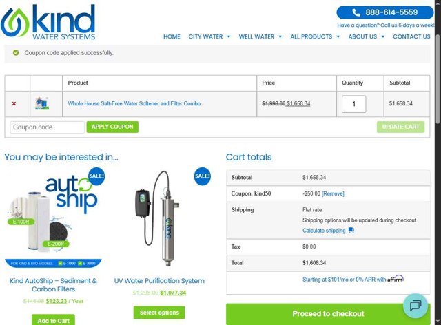 Kind Water System checkout page showing Kind Water System coupon code box | Screenshot taken by SimplyCodes community member on Aug 17, 2025