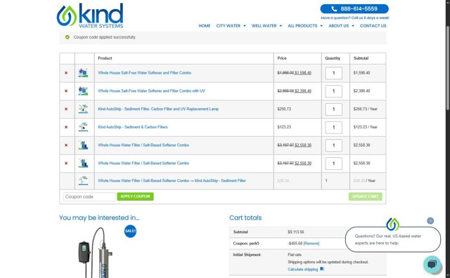 Kind Water System checkout page showing Kind Water System coupon code box | Screenshot taken by SimplyCodes community member on Jul 5, 2025