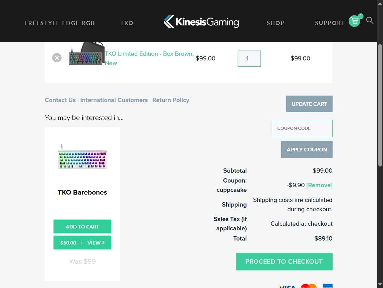 Kinesis Ergonomics checkout page showing Kinesis Ergonomics promo code box | Screenshot taken by SimplyCodes community member on Jan 30, 2026