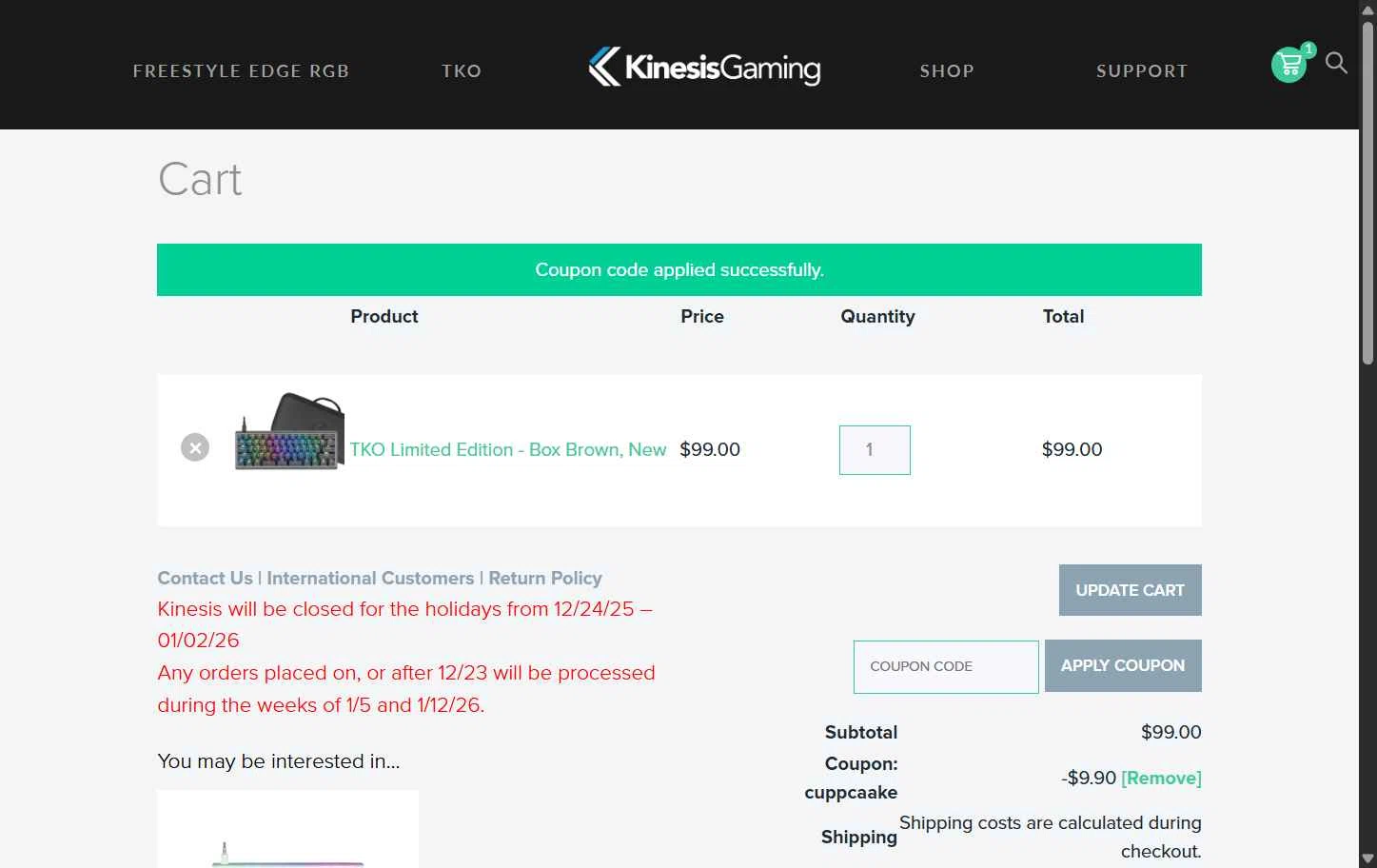Kinesis Ergonomics checkout page showing Kinesis Ergonomics promo code box | Screenshot taken by SimplyCodes community member on Dec 22, 2025