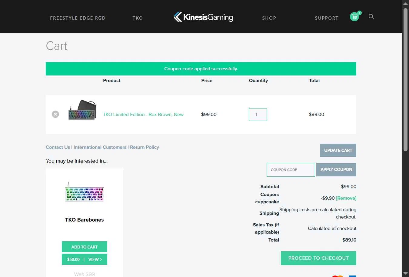 Kinesis Ergonomics checkout page showing Kinesis Ergonomics promo code box | Screenshot taken by SimplyCodes community member on Dec 8, 2025