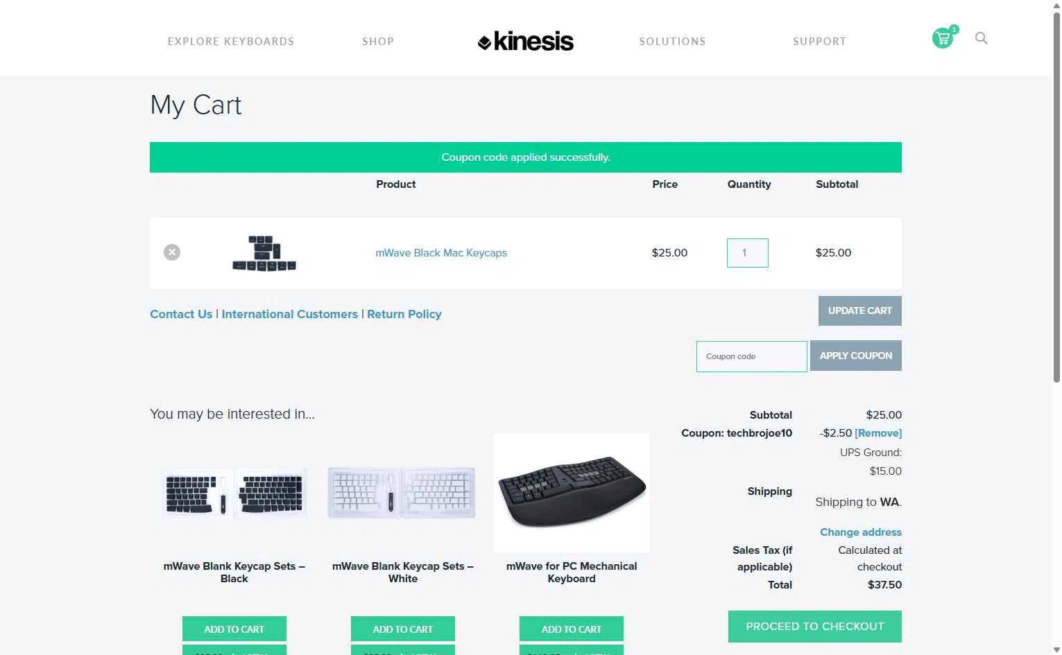 Kinesis Ergonomics checkout page showing Kinesis Ergonomics promo code box | Screenshot taken by SimplyCodes community member on Feb 9, 2026