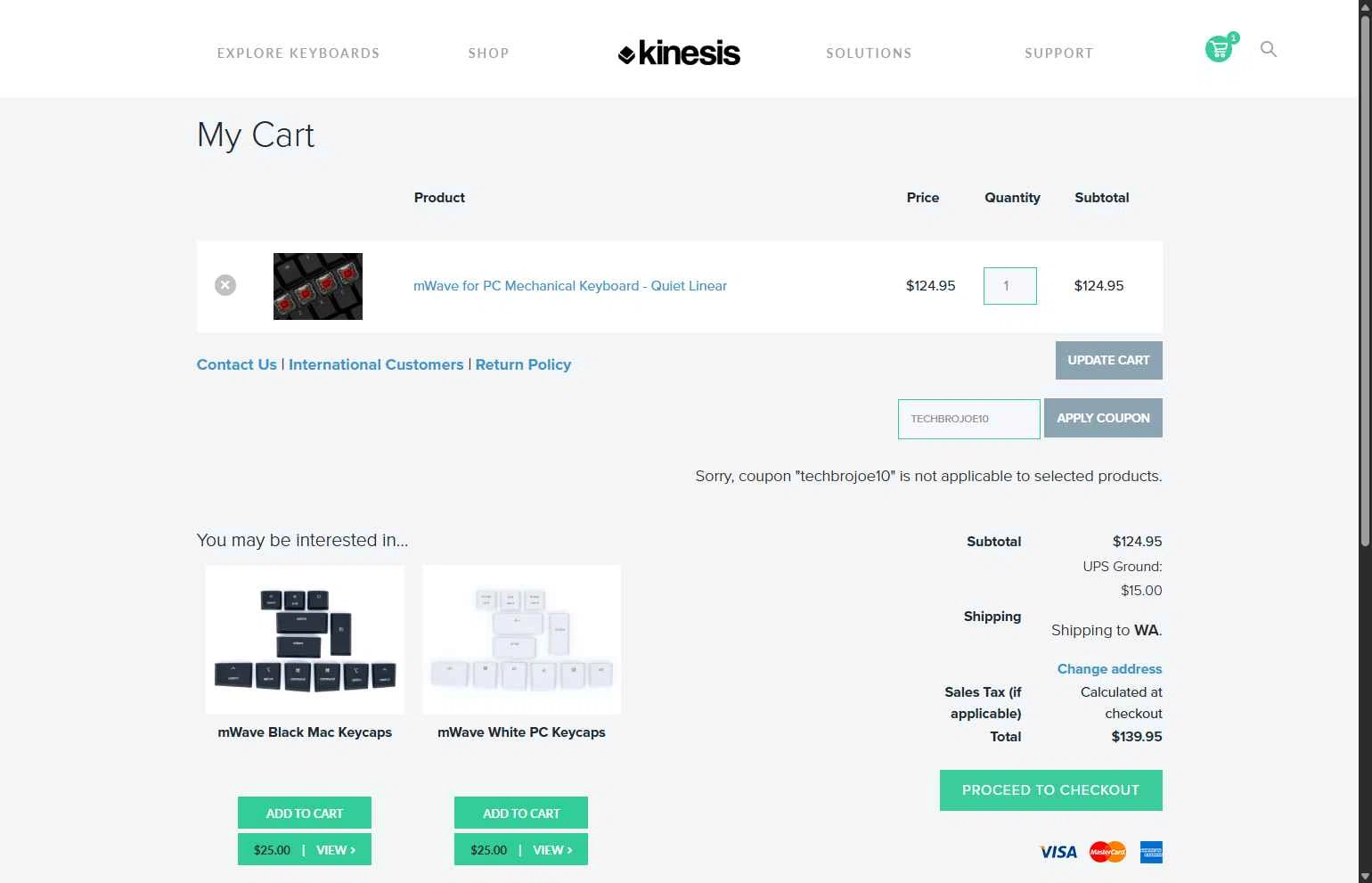Kinesis Ergonomics checkout page showing Kinesis Ergonomics promo code box | Screenshot taken by SimplyCodes community member on Feb 9, 2026