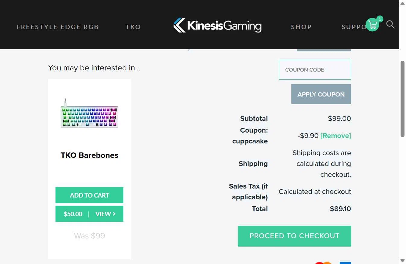 Kinesis Ergonomics checkout page showing Kinesis Ergonomics promo code box | Screenshot taken by SimplyCodes community member on Dec 8, 2025