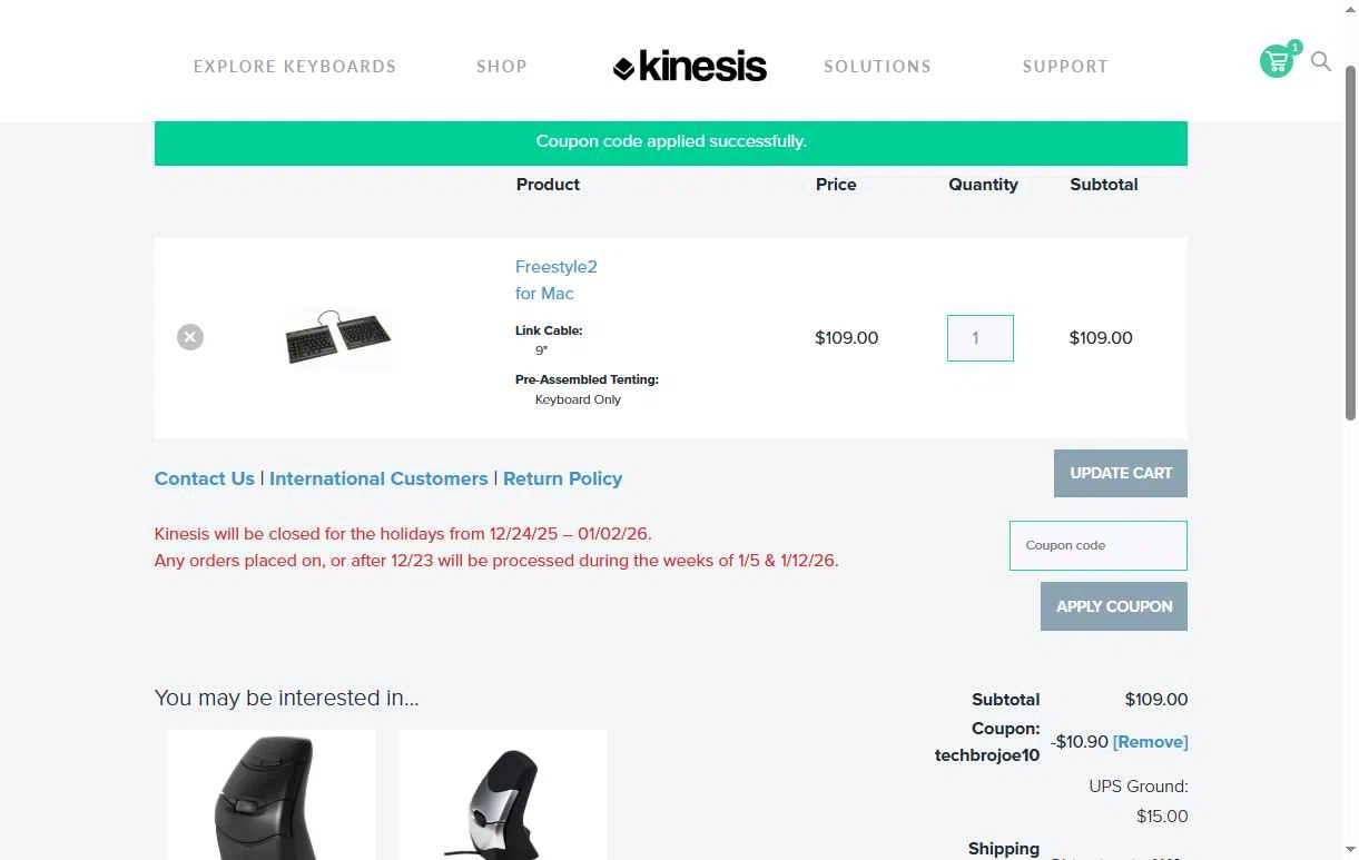 Kinesis Ergonomics checkout page showing Kinesis Ergonomics promo code box | Screenshot taken by SimplyCodes community member on Dec 13, 2025