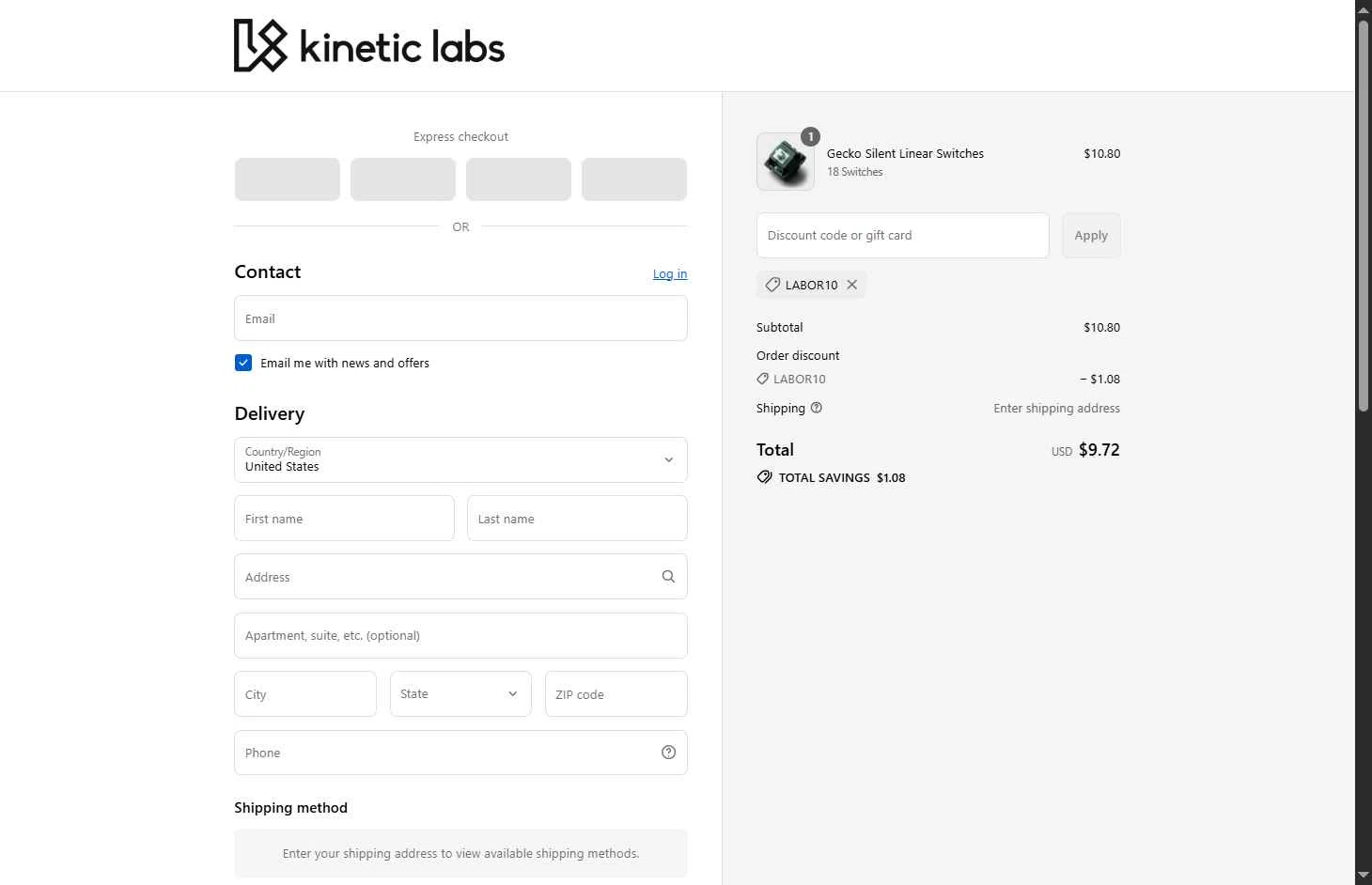 Kinetic Labs checkout page showing Kinetic Labs discount code box | Screenshot taken by SimplyCodes community member on Aug 31, 2025