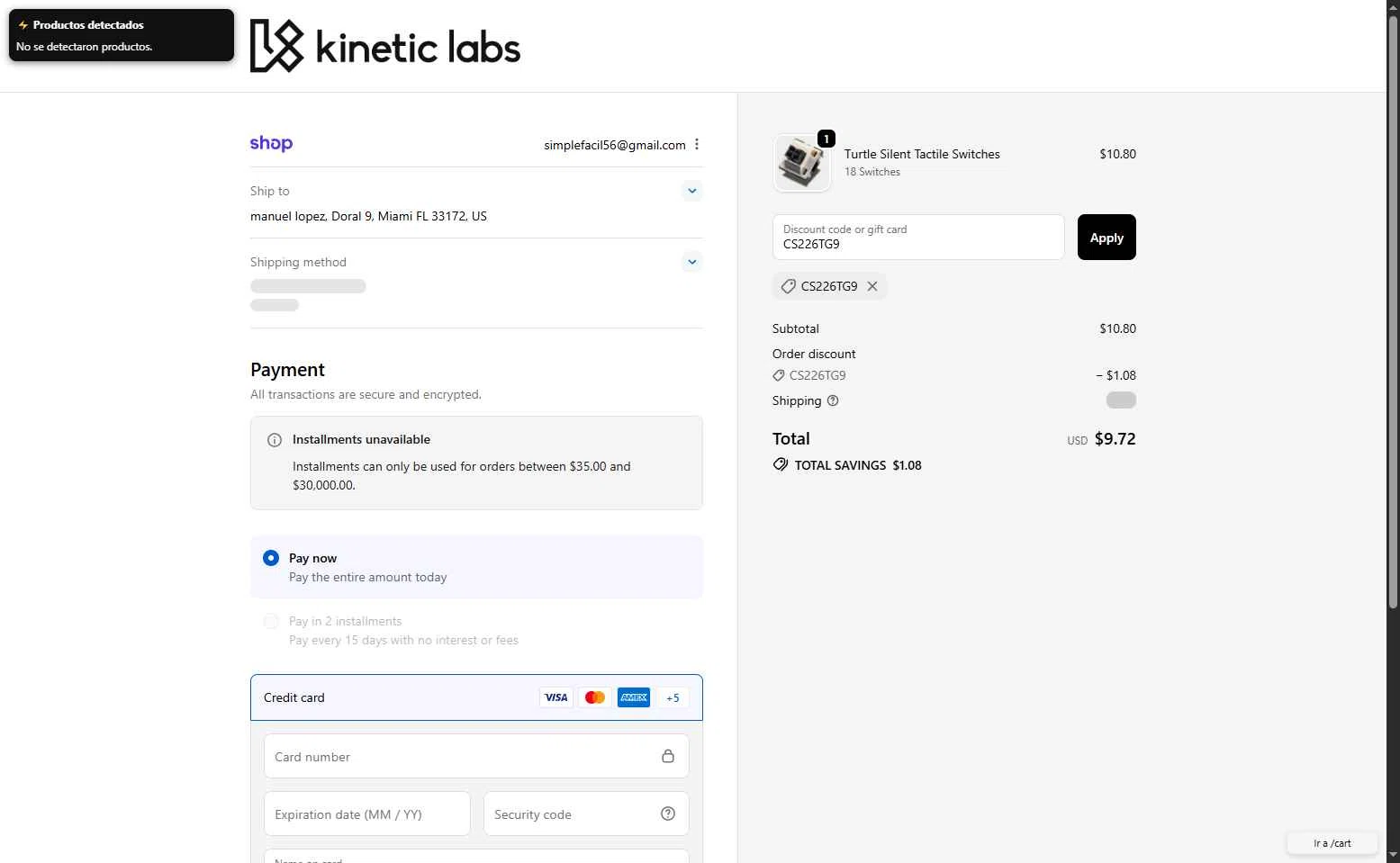Kinetic Labs checkout page showing Kinetic Labs discount code box | Screenshot taken by SimplyCodes community member on Oct 4, 2025