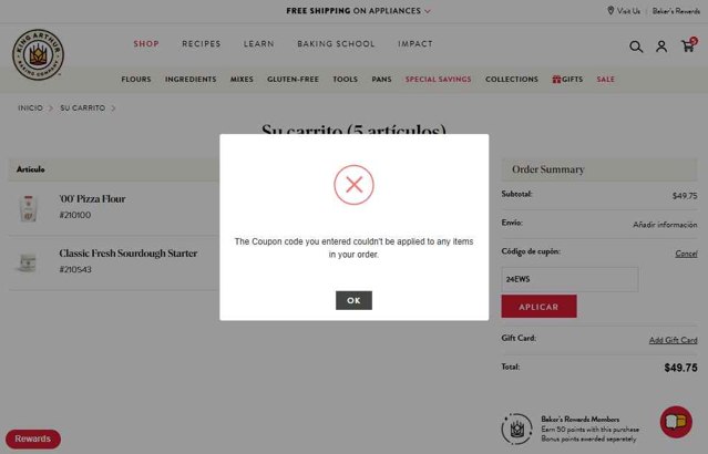 King Arthur Baking checkout page showing King Arthur Baking coupon code box | Screenshot taken by SimplyCodes community member on Jun 4, 2025