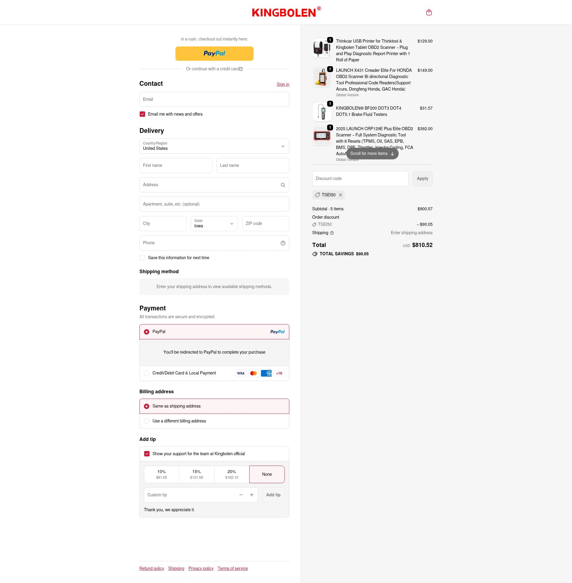 KINGBOLEN checkout page showing KINGBOLEN discount code box | Screenshot taken by SimplyCodes community member on Feb 13, 2026