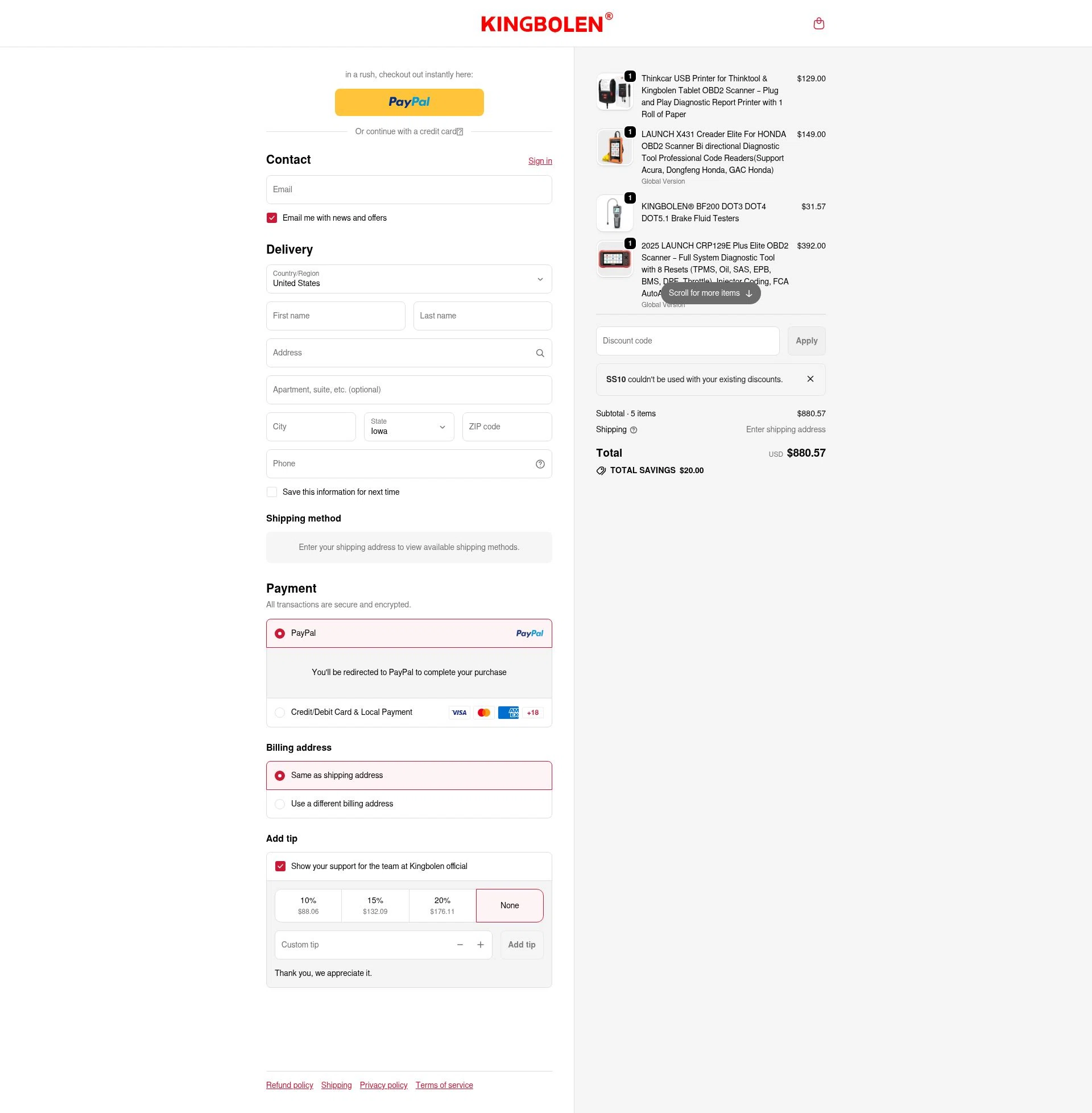 KINGBOLEN checkout page showing KINGBOLEN discount code box | Screenshot taken by SimplyCodes community member on Feb 13, 2026