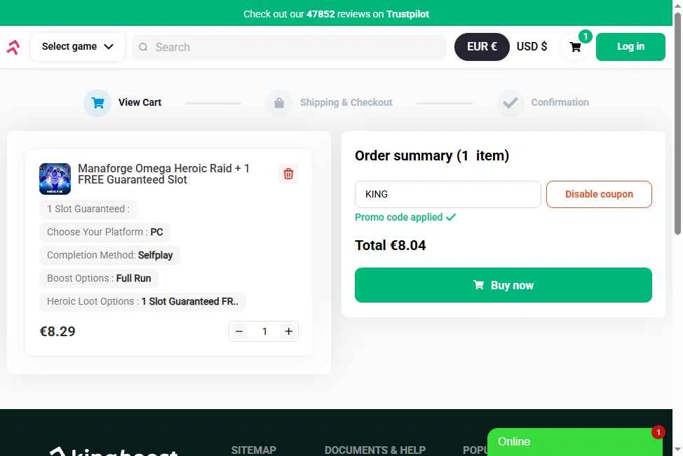 KingBoost.net checkout page showing KingBoost.net promo code box | Screenshot taken by SimplyCodes community member on Dec 26, 2025