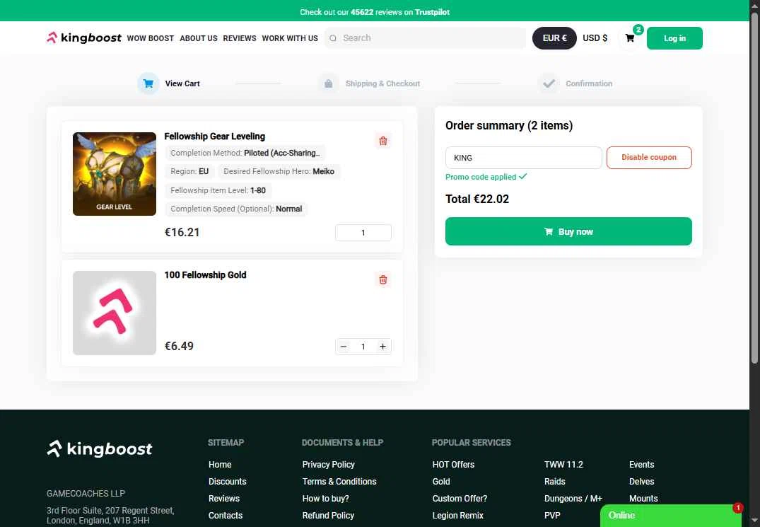 KingBoost.net checkout page showing KingBoost.net promo code box | Screenshot taken by SimplyCodes community member on Nov 25, 2025