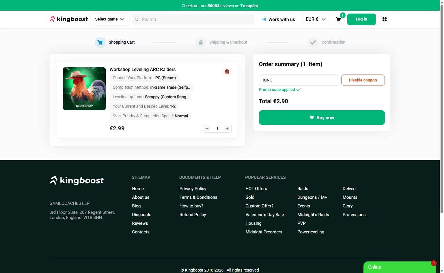 KingBoost.net checkout page showing KingBoost.net promo code box | Screenshot taken by SimplyCodes community member on Feb 15, 2026
