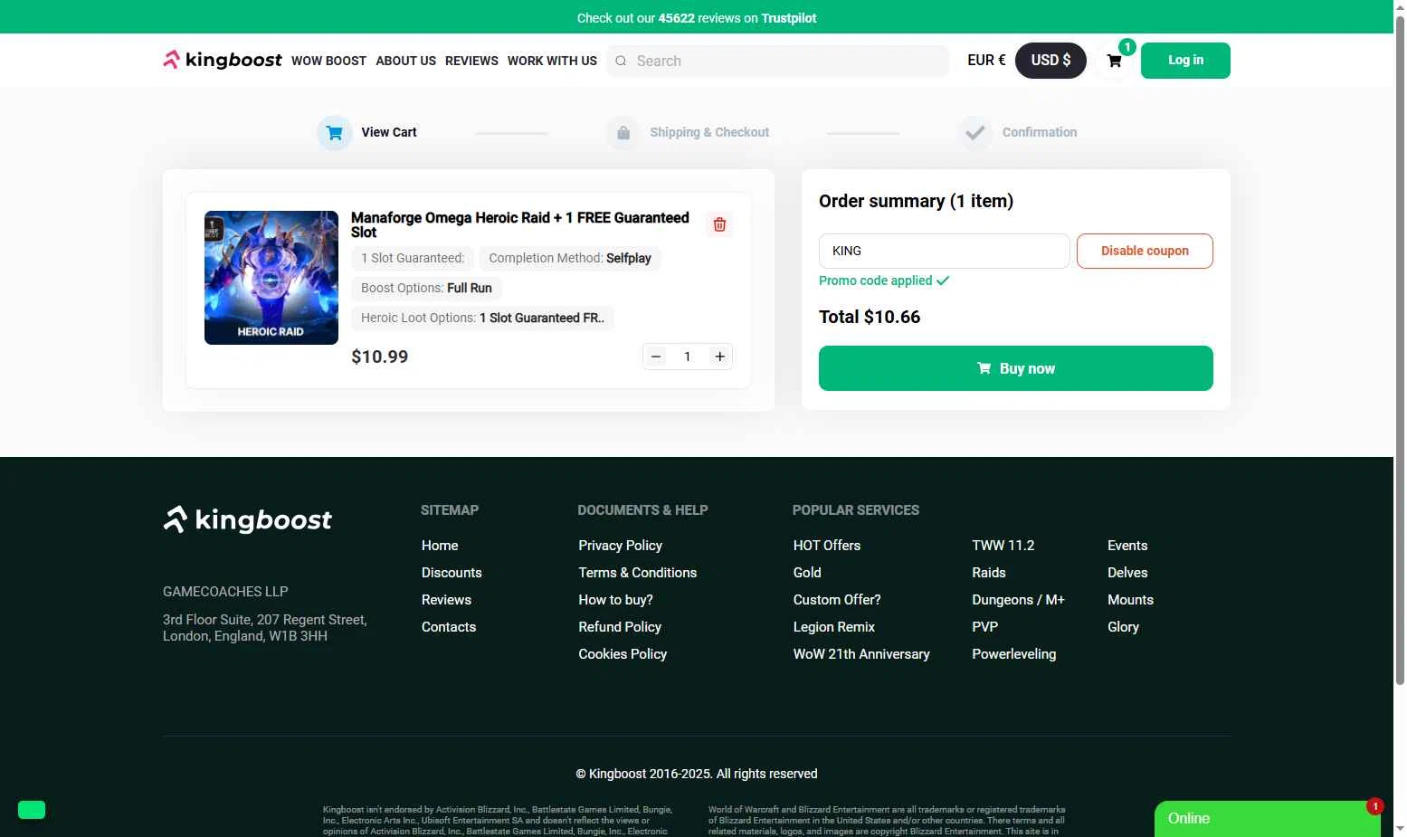 KingBoost.net checkout page showing KingBoost.net promo code box | Screenshot taken by SimplyCodes community member on Nov 17, 2025