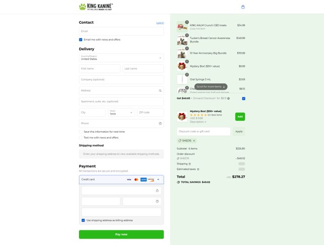 King Kanine checkout page showing King Kanine discount code box | Screenshot taken by SimplyCodes community member on Sep 8, 2025