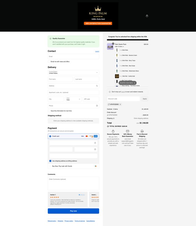 King Palm checkout page showing King Palm promo code box | Screenshot taken by SimplyCodes community member on Sep 7, 2025